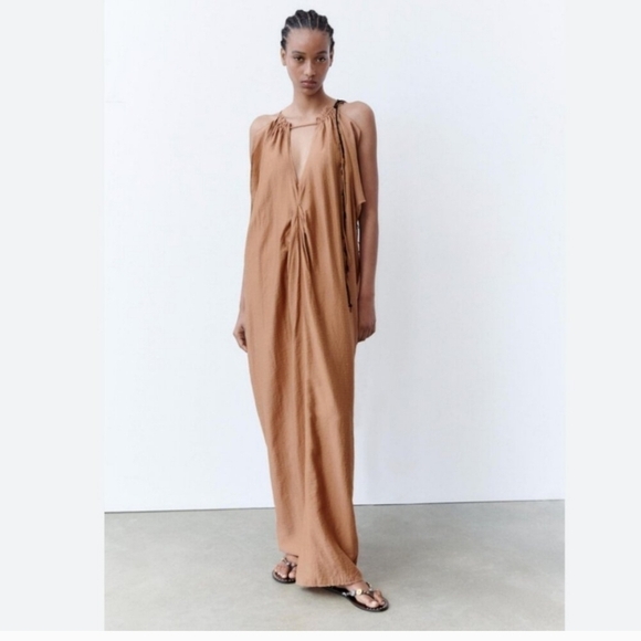 New Zara Kaftan Beaded Neckline Maxi Dress/Swim Beach Cover-Up  NWT XL - Picture 3 of 16